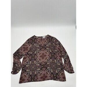 J. JILL Keyhole Neck Blouse Top Women's Large Purple Teal Paisley Ruffle-Cuff